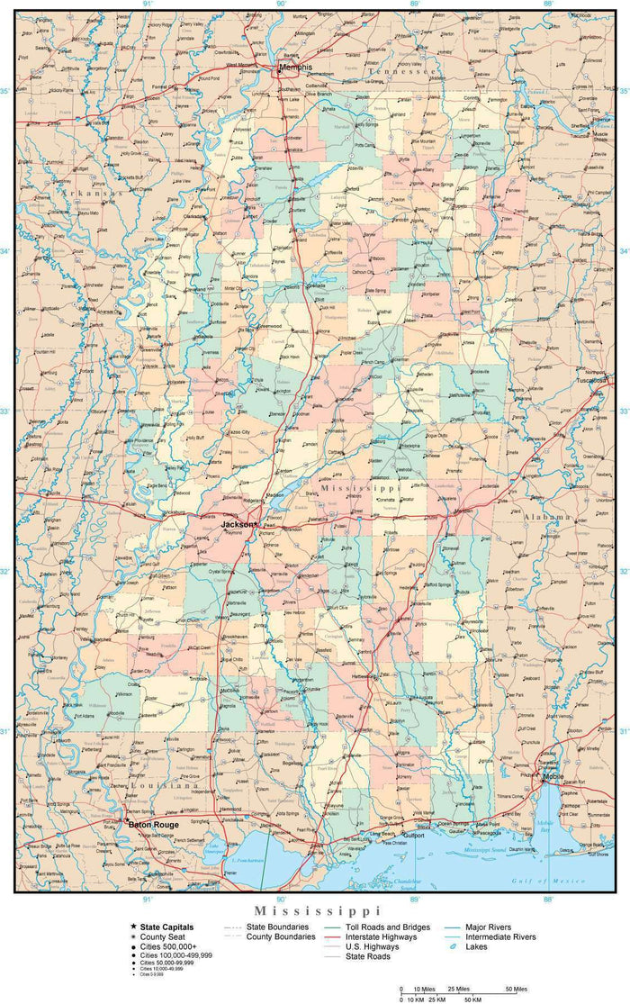 Mississippi Map with Counties, Cities, County Seats, Major Roads, Rivers and Lakes