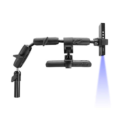 The Mobile Grip 5 Phone Holder with Clamp Mount securely holds your smartphone and a blue light device, featuring multiple joints and locking knobs for versatile, precise positioning with its adjustable mounting arm.