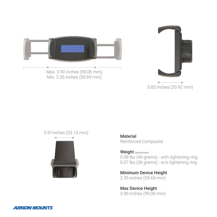 The Mobile Grip 5 Phone Holder with Clamp Mount is displayed from front, side, and top views, featuring adjustable grips, measurements, and device specs. The Arkon Mounts logo appears bottom left—ideal for exercise equipment attachment.