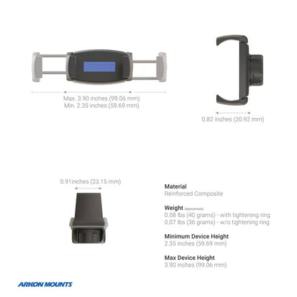 The Mobile Grip 5 Phone Holder with Clamp Mount is displayed from front, side, and top views, featuring adjustable grips, measurements, and device specs. The Arkon Mounts logo appears bottom left—ideal for exercise equipment attachment.