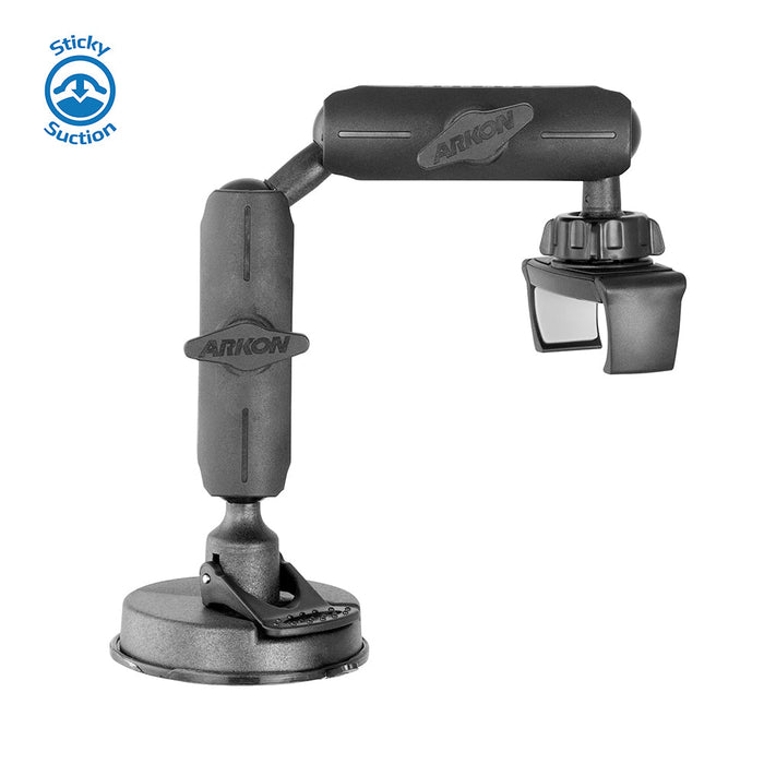 The Mobile Grip 5 Robust Phone Mount Holder for iPhone, Galaxy, and Note is a black adjustable mount with a suction cup base and clamp attachment, featuring the Arkon logo and Sticky Suction symbol—ideal for close-up video recording.