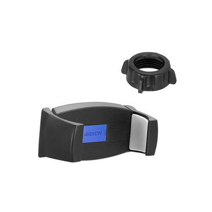 The Mobile Grip 5 Universal Phone Holder in black and gray with a blue label is shown next to a separate circular 17mm ball pedestal, both displayed on a white background.