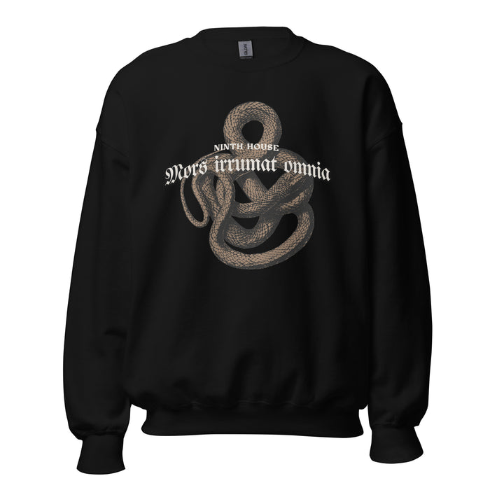 Mors Irrumat Omnia Sweatshirt - The Bean Workshop - Book Club Sweatshirt, Bookworm Apparel, Cozy sweatshirt for book lovers, Dark academia clothing for readers, Fantasy Reader Gift, Gothic Aesthetic, Leigh Bardugo bookish apparel, Lethe House merch, Literary Gift, Mors Irrumat Omnia sweater, Ninth House sweatshirt, Snake Design Sweater, Yale Secret Society
