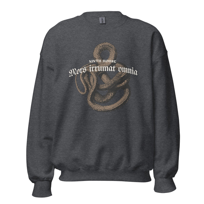 Mors Irrumat Omnia Sweatshirt - The Bean Workshop - Book Club Sweatshirt, Bookworm Apparel, Cozy sweatshirt for book lovers, Dark academia clothing for readers, Fantasy Reader Gift, Gothic Aesthetic, Leigh Bardugo bookish apparel, Lethe House merch, Literary Gift, Mors Irrumat Omnia sweater, Ninth House sweatshirt, Snake Design Sweater, Yale Secret Society