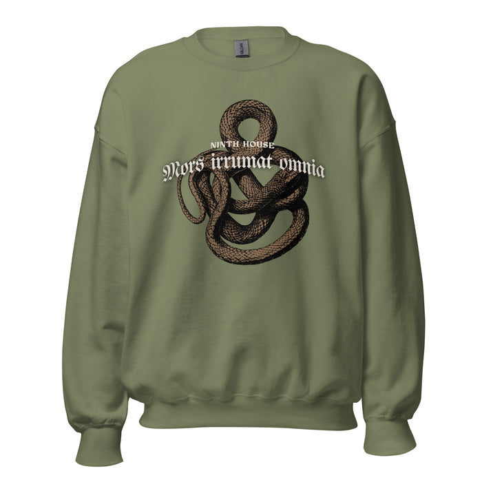 Mors Irrumat Omnia Sweatshirt - The Bean Workshop - Book Club Sweatshirt, Bookworm Apparel, Cozy sweatshirt for book lovers, Dark academia clothing for readers, Fantasy Reader Gift, Gothic Aesthetic, Leigh Bardugo bookish apparel, Lethe House merch, Literary Gift, Mors Irrumat Omnia sweater, Ninth House sweatshirt, Snake Design Sweater, Yale Secret Society