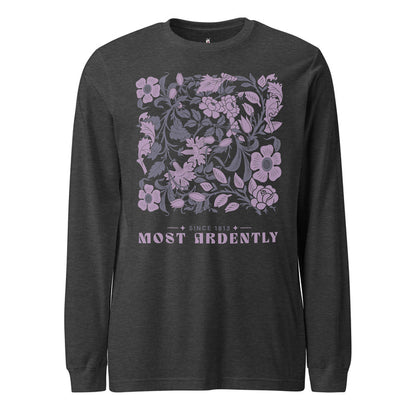 Most Ardently Long Sleeve Tee - The Bean Workshop - Aesthetic Wardrobe, Book Lover, Classic Novel, Coquette Aesthetic, Intricate Flower Pattern, Jane Austen, Literary Style, Long Sleeve, Most Ardently Since 1813 Shirt, Pride and Prejudice, Reader Gift, Romantic Script, Vintage Floral Literary Long Sleeve