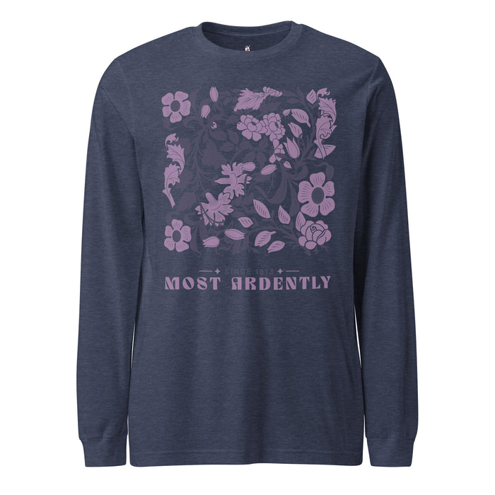 Most Ardently Long Sleeve Tee - The Bean Workshop - Aesthetic Wardrobe, Book Lover, Classic Novel, Coquette Aesthetic, Intricate Flower Pattern, Jane Austen, Literary Style, Long Sleeve, Most Ardently Since 1813 Shirt, Pride and Prejudice, Reader Gift, Romantic Script, Vintage Floral Literary Long Sleeve