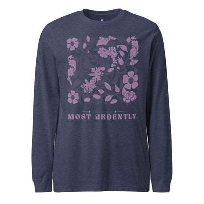 Most Ardently Long Sleeve Tee - The Bean Workshop - Aesthetic Wardrobe, Book Lover, Classic Novel, Coquette Aesthetic, Intricate Flower Pattern, Jane Austen, Literary Style, Long Sleeve, Most Ardently Since 1813 Shirt, Pride and Prejudice, Reader Gift, Romantic Script, Vintage Floral Literary Long Sleeve