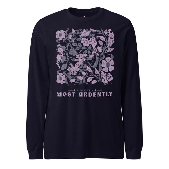 Most Ardently Long Sleeve Tee - The Bean Workshop - Aesthetic Wardrobe, Book Lover, Classic Novel, Coquette Aesthetic, Intricate Flower Pattern, Jane Austen, Literary Style, Long Sleeve, Most Ardently Since 1813 Shirt, Pride and Prejudice, Reader Gift, Romantic Script, Vintage Floral Literary Long Sleeve