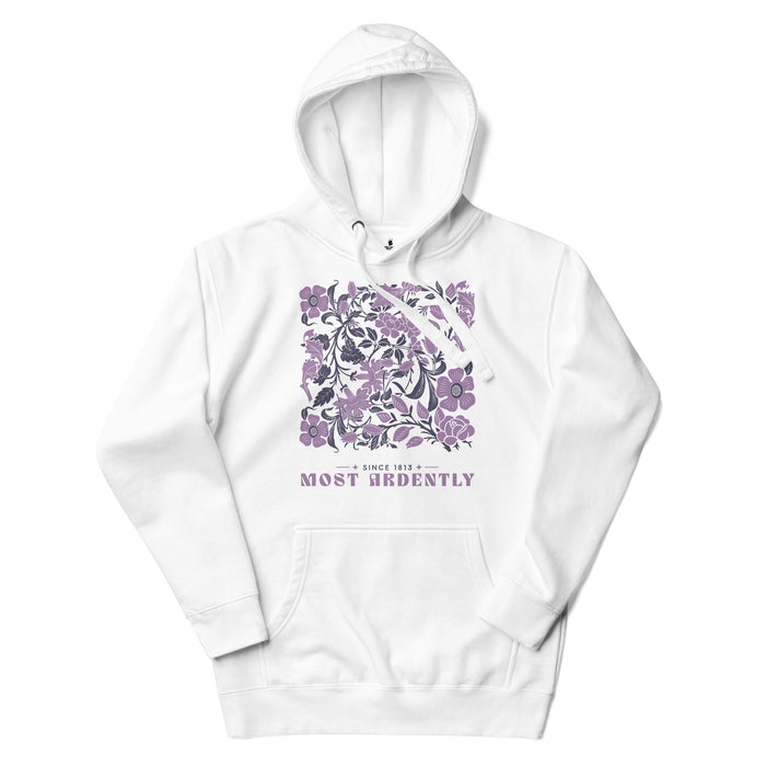 Most Ardently Premium Hoodie - The Bean Workshop - Art Nouveau Floral, Bookish Loungewear, Cottagecore Aesthetic, Cozy Fashion, Gift for Romantic, Hoodie, Jane Austen, Janeite, Lavender Purple Design, Most Ardently Floral Book Hoodie, Pride and Prejudice, Reading Nook, Romantic Literary Quote Pullover