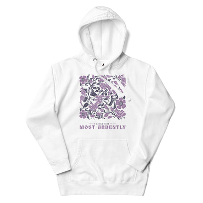 Most Ardently Premium Hoodie - The Bean Workshop - Art Nouveau Floral, Bookish Loungewear, Cottagecore Aesthetic, Cozy Fashion, Gift for Romantic, Hoodie, Jane Austen, Janeite, Lavender Purple Design, Most Ardently Floral Book Hoodie, Pride and Prejudice, Reading Nook, Romantic Literary Quote Pullover