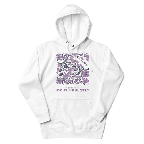 Most Ardently Premium Hoodie - The Bean Workshop - Art Nouveau Floral, Bookish Loungewear, Cottagecore Aesthetic, Cozy Fashion, Gift for Romantic, Hoodie, Jane Austen, Janeite, Lavender Purple Design, Most Ardently Floral Book Hoodie, Pride and Prejudice, Reading Nook, Romantic Literary Quote Pullover