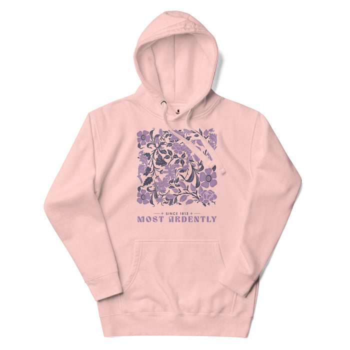 Most Ardently Premium Hoodie - The Bean Workshop - Art Nouveau Floral, Bookish Loungewear, Cottagecore Aesthetic, Cozy Fashion, Gift for Romantic, Hoodie, Jane Austen, Janeite, Lavender Purple Design, Most Ardently Floral Book Hoodie, Pride and Prejudice, Reading Nook, Romantic Literary Quote Pullover