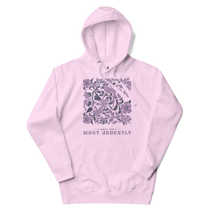 Most Ardently Premium Hoodie - The Bean Workshop - Art Nouveau Floral, Bookish Loungewear, Cottagecore Aesthetic, Cozy Fashion, Gift for Romantic, Hoodie, Jane Austen, Janeite, Lavender Purple Design, Most Ardently Floral Book Hoodie, Pride and Prejudice, Reading Nook, Romantic Literary Quote Pullover