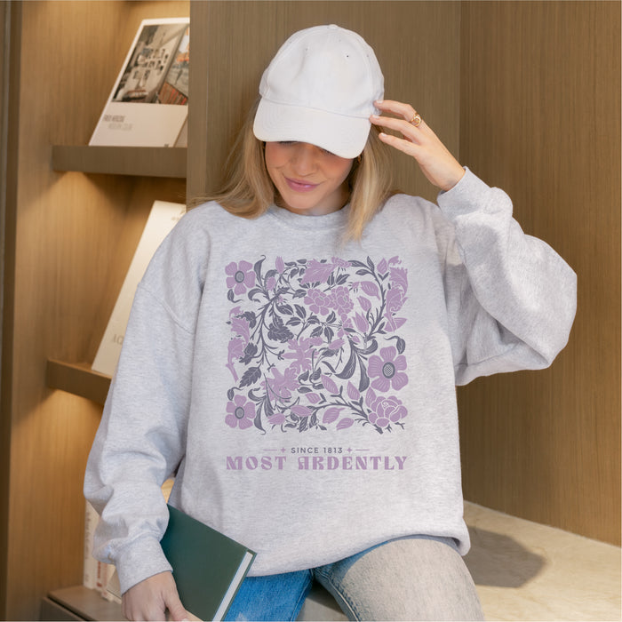 Most Ardently Sweatshirt - The Bean Workshop - Coquette, Detailed Illustration, Floral Pattern, Jane Austen, Lazy Sunday, Literary Gift, Most Ardently Cozy Lavender Sweatshirt, Pride and Prejudice, Purple Aesthetic, Reader Lifestyle, Romantic, Soft Girl Aesthetic Reading Apparel, Sweatshirt