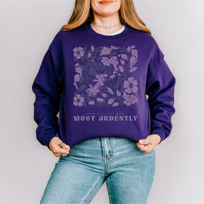Most Ardently Sweatshirt - The Bean Workshop - Coquette, Detailed Illustration, Floral Pattern, Jane Austen, Lazy Sunday, Literary Gift, Most Ardently Cozy Lavender Sweatshirt, Pride and Prejudice, Purple Aesthetic, Reader Lifestyle, Romantic, Soft Girl Aesthetic Reading Apparel, Sweatshirt
