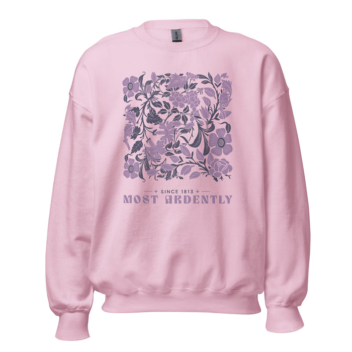 Most Ardently Sweatshirt - The Bean Workshop - Coquette, Detailed Illustration, Floral Pattern, Jane Austen, Lazy Sunday, Literary Gift, Most Ardently Cozy Lavender Sweatshirt, Pride and Prejudice, Purple Aesthetic, Reader Lifestyle, Romantic, Soft Girl Aesthetic Reading Apparel, Sweatshirt