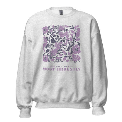 Most Ardently Sweatshirt - The Bean Workshop - Coquette, Detailed Illustration, Floral Pattern, Jane Austen, Lazy Sunday, Literary Gift, Most Ardently Cozy Lavender Sweatshirt, Pride and Prejudice, Purple Aesthetic, Reader Lifestyle, Romantic, Soft Girl Aesthetic Reading Apparel, Sweatshirt
