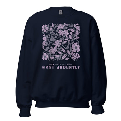 Most Ardently Sweatshirt - The Bean Workshop - Coquette, Detailed Illustration, Floral Pattern, Jane Austen, Lazy Sunday, Literary Gift, Most Ardently Cozy Lavender Sweatshirt, Pride and Prejudice, Purple Aesthetic, Reader Lifestyle, Romantic, Soft Girl Aesthetic Reading Apparel, Sweatshirt