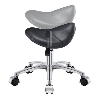 DIR Nero Pedi Stool Black with saddle seat, chrome base, and wheels shown at two heights.