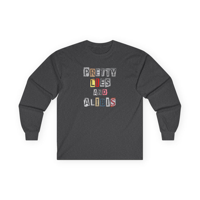 NEW— "Pretty Lies and Alibis" Ransom-Note Graphic Long Sleeve Tee