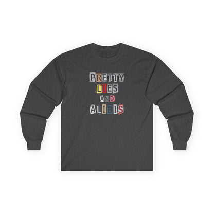 NEW— "Pretty Lies and Alibis" Ransom-Note Graphic Long Sleeve Tee