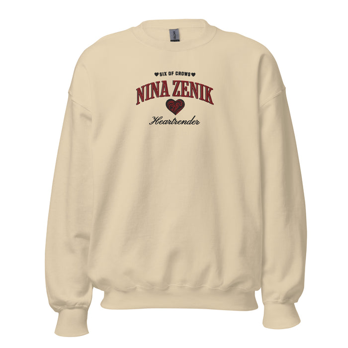 Nina Zenik Embroidered Sweatshirt - The Bean Workshop - Book Lover Gift, Bookish Sweatshirt, Corporalnik, Fantasy Character, Grisha Order clothing, Grishaverse, Helnik, Leigh Bardugo fan apparel for readers, Nina Zenik embroidered sweatshirt, Powerful Female Character, Six of Crows Heartrender merch, The Dregs, Waffle Lover