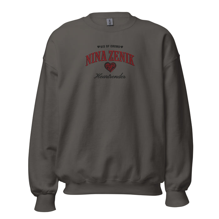Nina Zenik Embroidered Sweatshirt - The Bean Workshop - Book Lover Gift, Bookish Sweatshirt, Corporalnik, Fantasy Character, Grisha Order clothing, Grishaverse, Helnik, Leigh Bardugo fan apparel for readers, Nina Zenik embroidered sweatshirt, Powerful Female Character, Six of Crows Heartrender merch, The Dregs, Waffle Lover