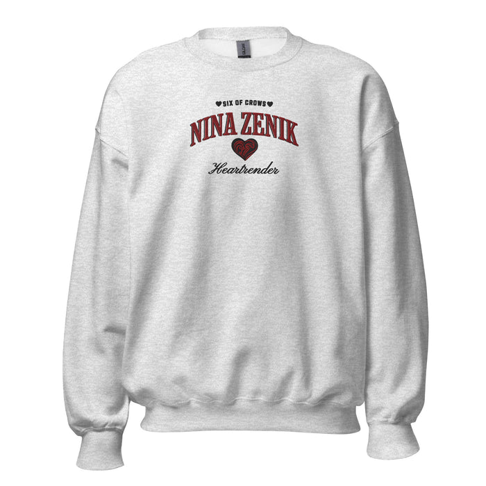 Nina Zenik Embroidered Sweatshirt - The Bean Workshop - Book Lover Gift, Bookish Sweatshirt, Corporalnik, Fantasy Character, Grisha Order clothing, Grishaverse, Helnik, Leigh Bardugo fan apparel for readers, Nina Zenik embroidered sweatshirt, Powerful Female Character, Six of Crows Heartrender merch, The Dregs, Waffle Lover