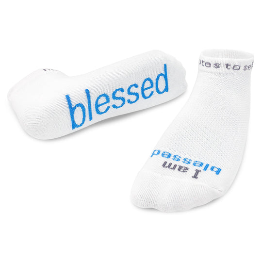 M / Blessed / White w/blue words