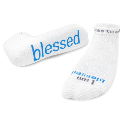 M / Blessed / White w/blue words