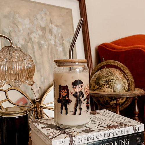 Novels of Elfhame Characters Can-shaped Glass - The Bean Workshop - Book Lover Gift, can-shaped glass, Cardan Greenbriar, Dark Academia, Faeriecore, High King of Elfhame, holly black, Holly Black licensed merch, Jude Duarte, Mug, Royalcore aesthetic, The Cruel Prince