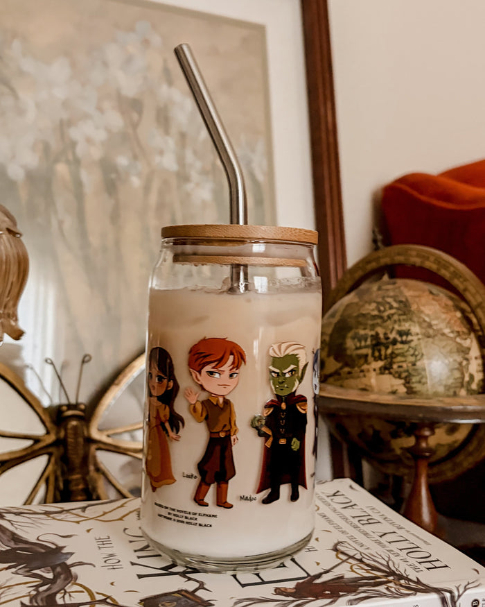Novels of Elfhame Characters Can-shaped Glass - The Bean Workshop - Book Lover Gift, can-shaped glass, Cardan Greenbriar, Dark Academia, Faeriecore, High King of Elfhame, holly black, Holly Black licensed merch, Jude Duarte, Mug, Royalcore aesthetic, The Cruel Prince