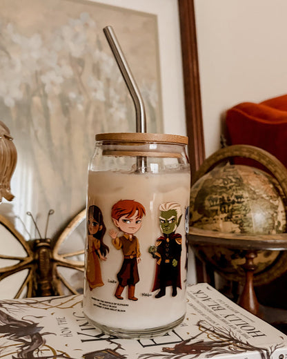 Novels of Elfhame Characters Can-shaped Glass - The Bean Workshop - Book Lover Gift, can-shaped glass, Cardan Greenbriar, Dark Academia, Faeriecore, High King of Elfhame, holly black, Holly Black licensed merch, Jude Duarte, Mug, Royalcore aesthetic, The Cruel Prince