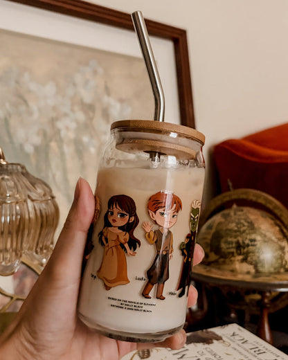 Novels of Elfhame Characters Can-shaped Glass - The Bean Workshop - Book Lover Gift, can-shaped glass, Cardan Greenbriar, Dark Academia, Faeriecore, High King of Elfhame, holly black, Holly Black licensed merch, Jude Duarte, Mug, Royalcore aesthetic, The Cruel Prince