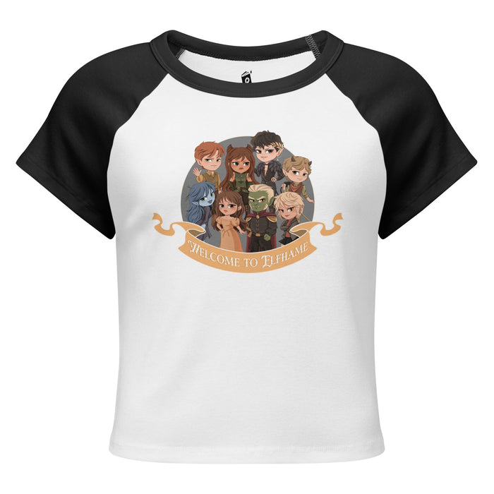 Novels of Elfhame Characters Raglan Baby Tee - The Bean Workshop - Book Lover Gift, Cardan Greenbriar, Character Merch, Chibi Art, Elfhame, Faeriecore aesthetic, Fantasy Reader, Folk of the Air characters, Holly Black licensed merch, Jude Duarte, Jurdan, The Cruel Prince Raglan tee