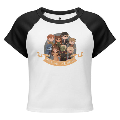 Novels of Elfhame Characters Raglan Baby Tee - The Bean Workshop - Book Lover Gift, Cardan Greenbriar, Character Merch, Chibi Art, Elfhame, Faeriecore aesthetic, Fantasy Reader, Folk of the Air characters, Holly Black licensed merch, Jude Duarte, Jurdan, The Cruel Prince Raglan tee