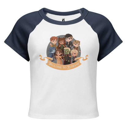 Novels of Elfhame Characters Raglan Baby Tee - The Bean Workshop - Book Lover Gift, Cardan Greenbriar, Character Merch, Chibi Art, Elfhame, Faeriecore aesthetic, Fantasy Reader, Folk of the Air characters, Holly Black licensed merch, Jude Duarte, Jurdan, The Cruel Prince Raglan tee