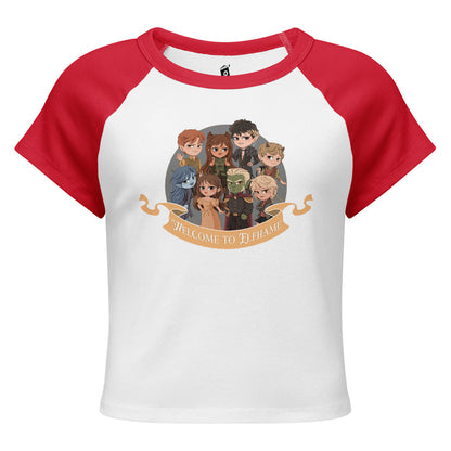 Novels of Elfhame Characters Raglan Baby Tee - The Bean Workshop - Book Lover Gift, Cardan Greenbriar, Character Merch, Chibi Art, Elfhame, Faeriecore aesthetic, Fantasy Reader, Folk of the Air characters, Holly Black licensed merch, Jude Duarte, Jurdan, The Cruel Prince Raglan tee