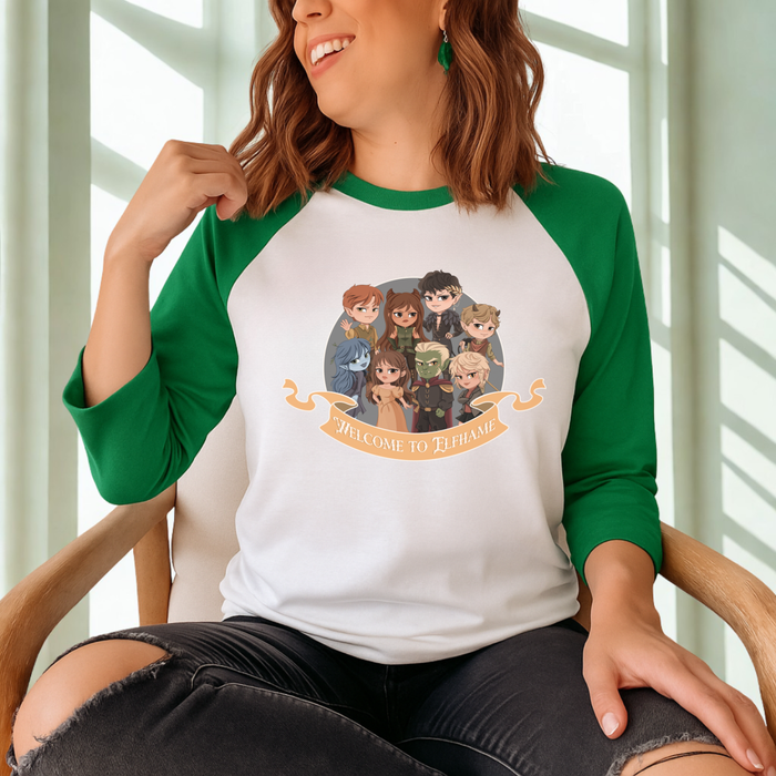 Novels of Elfhame Characters Raglan Tee - The Bean Workshop - Book Lover Gift, Cardan Greenbriar, Character Merch, Chibi Art, Elfhame, Faeriecore aesthetic, Fantasy Reader, Folk of the Air characters, Holly Black licensed merch, Jude Duarte, Jurdan, The Cruel Prince Raglan tee, Welcome to Elfhame shirt for readers
