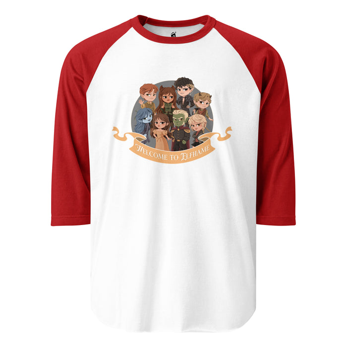 Novels of Elfhame Characters Raglan Tee - The Bean Workshop - Book Lover Gift, Cardan Greenbriar, Character Merch, Chibi Art, Elfhame, Faeriecore aesthetic, Fantasy Reader, Folk of the Air characters, Holly Black licensed merch, Jude Duarte, Jurdan, The Cruel Prince Raglan tee, Welcome to Elfhame shirt for readers