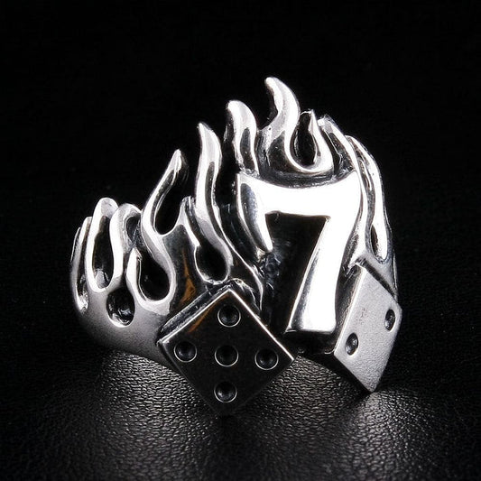 A solid sterling silver number 7 flame dice ring, a powerful symbol of luck for gamblers and bikers.