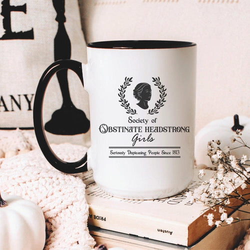 Obstinate Headstrong Girls Coffee Mug - The Bean Workshop - Black and White Graphic, ceramic mug, Dark Academia, Gift for Bookworms, jane austen, Jane Austen Tea Cup for Readers, Janeite, Laurel Wreath Design, Minimalist Aesthetic, Morning Coffee, mug, Obstinate Headstrong Girls Ceramic Mug, Silhouette Art