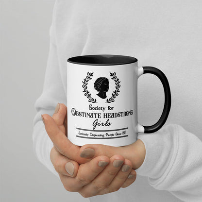 Obstinate Headstrong Girls Coffee Mug - The Bean Workshop - Black and White Graphic, ceramic mug, Dark Academia, Gift for Bookworms, jane austen, Jane Austen Tea Cup for Readers, Janeite, Laurel Wreath Design, Minimalist Aesthetic, Morning Coffee, mug, Obstinate Headstrong Girls Ceramic Mug, Silhouette Art