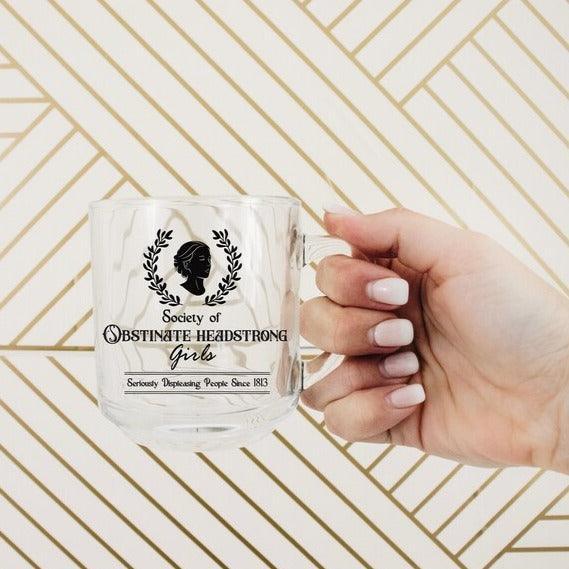 Obstinate Headstrong Girls Glass Mug - The Bean Workshop - Aesthetic Jane Austen Drinkware, Coquette Aesthetic, Desk Decor, glass mug, Iced Latte Cup, jane austen, Janeite Fandom, Literary Accessory, Minimalist Design, mug, Obstinate Headstrong Girls Glass Mug, Silhouette Graphic, Typography Art
