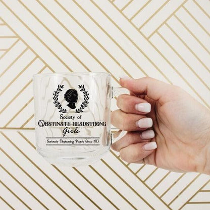 Obstinate Headstrong Girls Glass Mug - The Bean Workshop - Aesthetic Jane Austen Drinkware, Coquette Aesthetic, Desk Decor, glass mug, Iced Latte Cup, jane austen, Janeite Fandom, Literary Accessory, Minimalist Design, mug, Obstinate Headstrong Girls Glass Mug, Silhouette Graphic, Typography Art