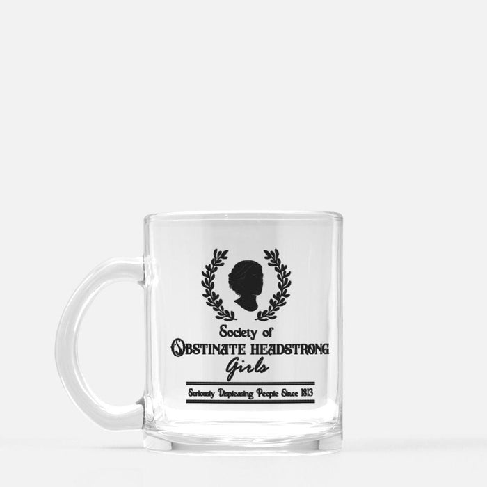 Obstinate Headstrong Girls Glass Mug - The Bean Workshop - Aesthetic Jane Austen Drinkware, Coquette Aesthetic, Desk Decor, glass mug, Iced Latte Cup, jane austen, Janeite Fandom, Literary Accessory, Minimalist Design, mug, Obstinate Headstrong Girls Glass Mug, Silhouette Graphic, Typography Art