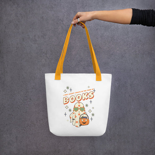 Only Accept Books Tote Bag - The Bean Workshop - book lover tote, bookish tote, bookstore bag, bookworm bag, canvas tote, Frankenstein tote, Halloween tote bag, library tote, literary tote, reading bag, reusable shopping bag, spooky season accessory, unique gift for readers