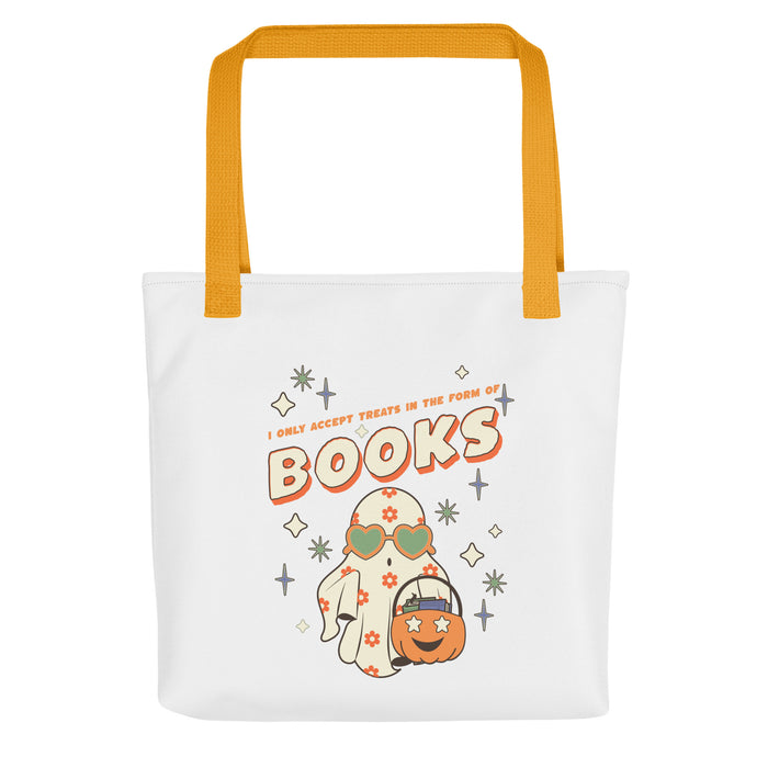 Only Accept Books Tote Bag - The Bean Workshop - book lover tote, bookish tote, bookstore bag, bookworm bag, canvas tote, Frankenstein tote, Halloween tote bag, library tote, literary tote, reading bag, reusable shopping bag, spooky season accessory, unique gift for readers