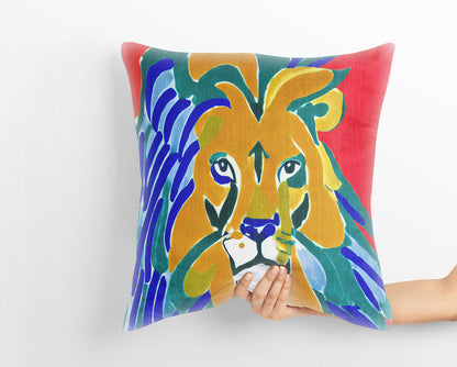 Original Art African Wildlife Lion King Pillow Case, Abstract Throw Pillow, Comfortable, Colorful Pillow Case, Watercolor Pillow Cases
